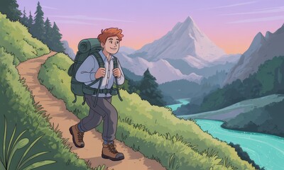Smiling hiker ascends scenic mountain path