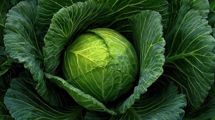 Fototapeta premium a vibrant green cabbage rests at the center of rich green leaves showcasing its freshness and healthy growth in a thriving garden setting