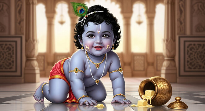 Adorable Baby Krishna Crawling with Butter Pot.