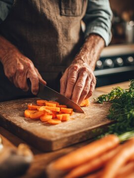 closeup of hands slicing carrots on chopping board closeup of hands cutting vegetables in kitchen near the burners detail of man wearing apron chopping vegetables for a recipe at home no logos no bra