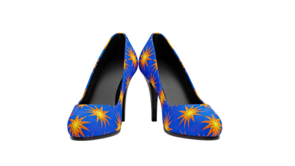 Blue high heels with orange and yellow star pattern on transparent background