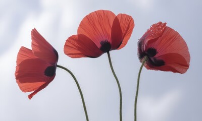 Obraz premium Three vibrant red poppies against a soft sky