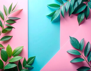 Flat lay of vibrant green leaves on a colorful pink and blue backdrop