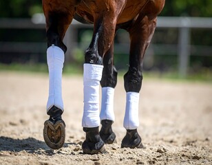 Close-up of a horse's legs, protected by white wraps, walking