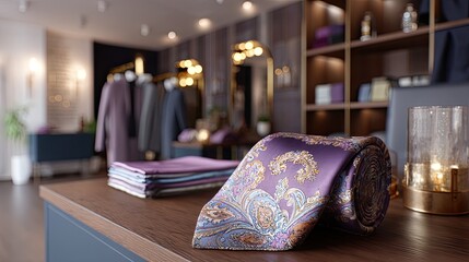 Elegant Display of Purple Silk Tie and Neatly Folded Shirts in Fashionable Boutique Interior