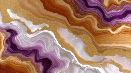 Abstract Colorful Wave Pattern with Swirls of Gold, Purple, Orange, and White in a Fluid Art Style