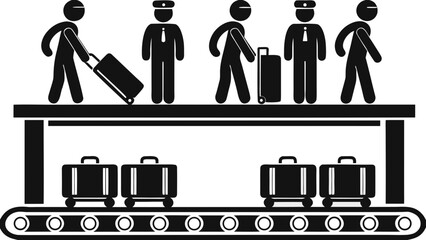 Flat vector illustration of people loading luggage onto conveyor belt at airport