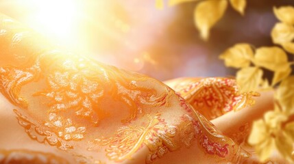 Radiant Silk Fabric with Ornate Patterns Illuminated by Soft Sunlight Through Autumn Leaves