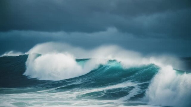 Powerful ocean waves crashing under a dark, stormy sky, showcasing the raw force of nature.