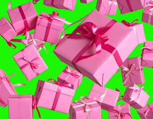 Floating pink gift boxes with ribbons against a vibrant green backdrop