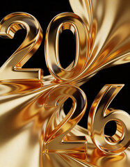 Abstract 3D fluid art with golden liquid forming the numbers &ldquo;2026&rdquo; on a black background, high-gloss luxury finish, modern commercial style, elegant and futuristic visual concept