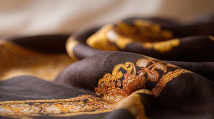 Elegant silk fabric with intricate golden embroidery showcasing rich textures and detailed patterns in warm tones.