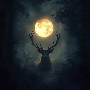Majestic deer with antlers under a glowing full moon in a dark forest Photo
