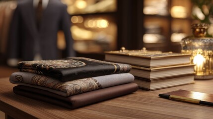 Elegant Collection of Textiles and Books Displayed on a Wooden Table in a Designer Boutique Interior Setting