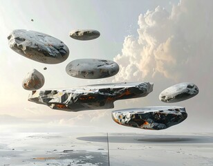 Floating rocks with fiery interiors against a cloudy background