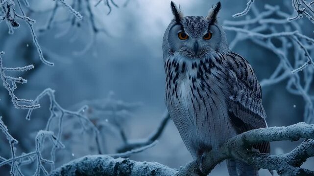 Eurasian eagle owl perched on a frost covered branch in a winter forest with piercing eyes creating a dramatic wildlife scene of cold season survival