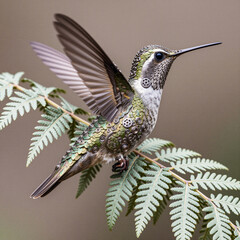 Clockwork Hummingbird Perched on a Lush Fern Branch