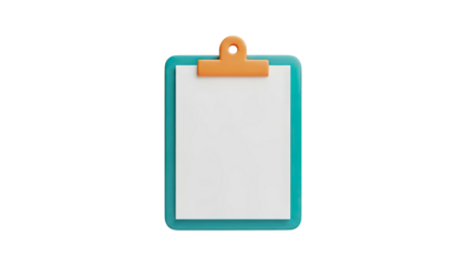 Clipboard with blank paper and orange clip on transparent background