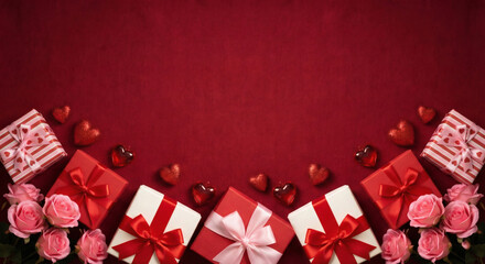 A festive border of gift boxes, hearts, and pink roses on a deep red background. valentine's day background