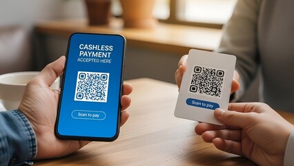 Hands Holding Smartphone and Card for Seamless Cashless Qr Code Payment