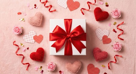 A white gift box surrounded by hearts, roses, and ribbons in a circular pattern. valentine's day gift