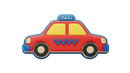 Red cartoon taxi with yellow windows and blue checkered pattern on transparent background