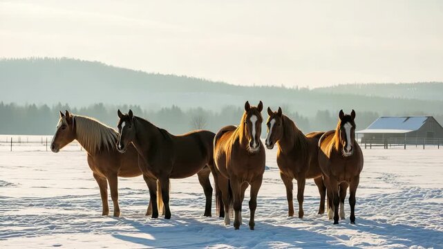 A beautiful herd of horses standing together in the snow during a cold winter sunrise. Rural countryside scene with a farm barn and misty hills in the background