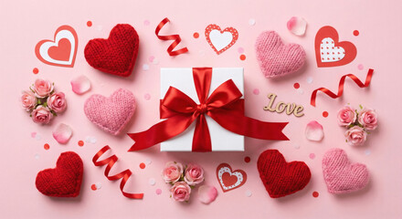 A central white gift box surrounded by various hearts and roses on a pink background. valentine's day gits