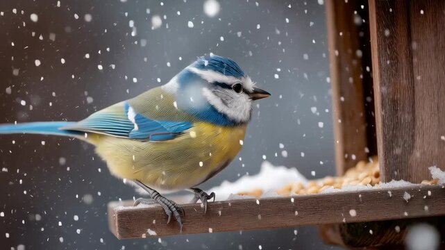 Blue tit perched on a snowy bird feeder during gentle snowfall creating a soft winter wildlife scene of feeding survival and calm garden nature