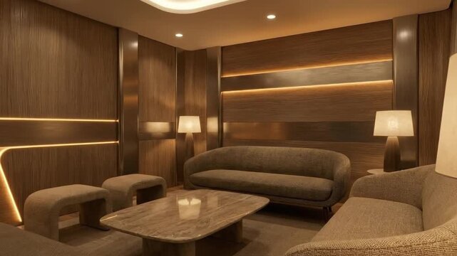 A sophisticated and modern interior design is showcased, featuring a luxurious lounge or reception area. The space is characterized by elegant wooden paneled walls, accented with warm, integrated stri