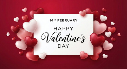Happy Valentine's Day card surrounded by many pink and red hearts.