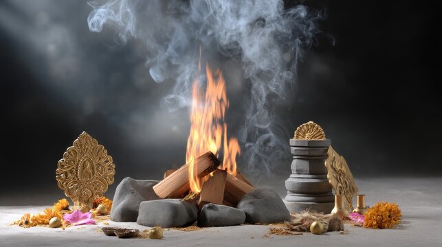 Ritual fire altar with flickering flames and aromatic offerings for spiritual ceremony and meditation practice in dark setting