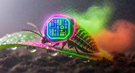 Futuristic bug with a glowing neon symbol shield on a wet leaf releasing magical colorful powder