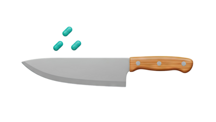 Chef knife with turquoise pills on transparent background