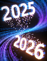 Abstract technology background with &ldquo;2025&rdquo; dissolving into digital pixels and reforming into glowing &ldquo;2026,&rdquo; symbolizing futuristic transition, digital evolution, and tech innovation concept