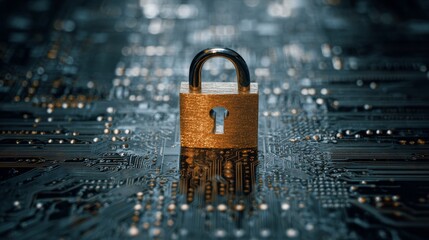 Golden padlock standing on a reflective circuit board, symbolizing cybersecurity and data protection in a digital environment.