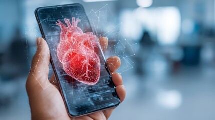 Hand holding smartphone displaying glowing 3D human heart model with digital network connections, symbolizing medical technology and augmented reality.