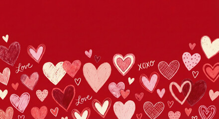 Hand-drawn hearts and text form a border on a bright red background. romantic background