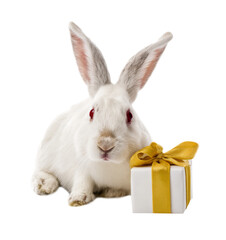 Fototapeta premium Adorable White Albino Rabbit with Striking Red Eyes Poses Beside a Festive White Gift Box Adorned with a Golden Ribbon and Bow, Captured on a Clean White Background.