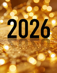 Artistic blurry golden New Year lights background with sharp, clean &ldquo;2026&rdquo; typography in the center, ample copy space, festive elegant design for celebrations and announcements