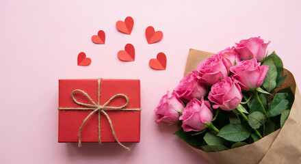 A red gift box and pink roses lie on a pink background. valentine's day gift