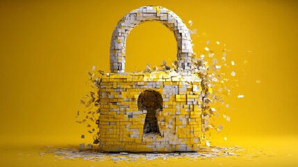 Digital padlock made of small blocks shattering and disintegrating on a vibrant yellow background, symbolizing data security breach, vulnerability, and system breakdown.