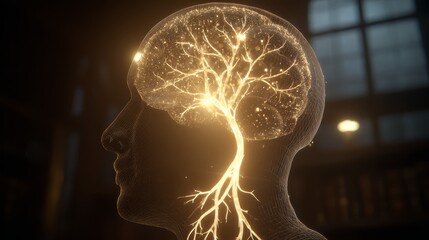 Digital rendering of a glowing neural network within a translucent human head, conceptualizing thought, intelligence, and neurological activity.