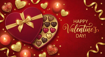 A heart-shaped chocolate box and candles celebrate Happy Valentine's Day.