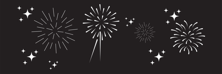 Hand drawn fireworks. Doodle festive explosion. Sketch line celebration sparks, festival lights, party fireworks elements. Explosive swirls, dots. Vector set