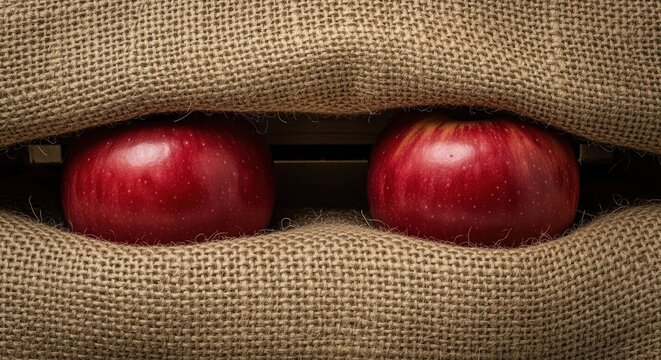 Two ripe red apples are nestled and partially covered by a rough burlap sack within a wooden crate, suggesting freshness and natural harvest.
