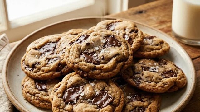A tempting stack of freshly baked chocolate chip cookies, glistening with melted chocolate chips and sprinkled with flaky sea salt, rests invitingly on a rustic ceramic plate. Bathed in soft, natural 