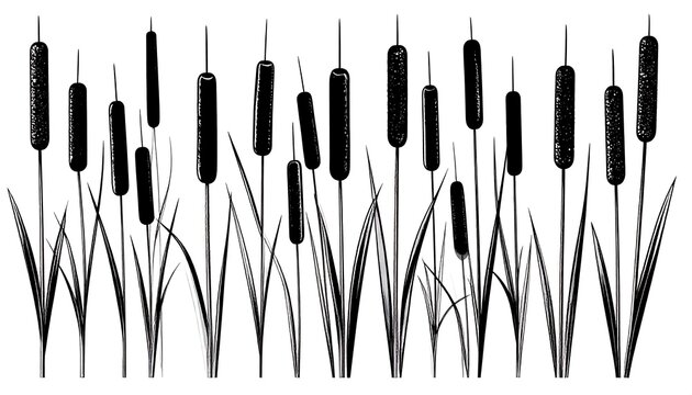 Detailed hand-drawn illustration of cattails against a white background aesthetic
