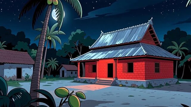 Tropical Island House at Night with Palm Trees and Moonlight