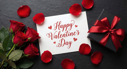 Happy Valentine's Day card with roses and a black gift box.